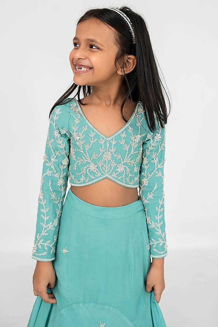 Dark Mint Pure Crepe Cutdana Embroidered Lehenga Set For Girls by Ease kids at Pernia's Pop Up Shop