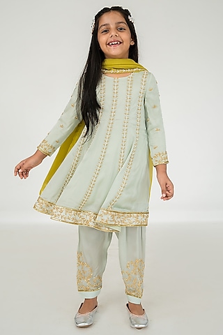 Light Mint Satin Organza Jaal Embroidered Anarkali Set For Girls by Ease kids