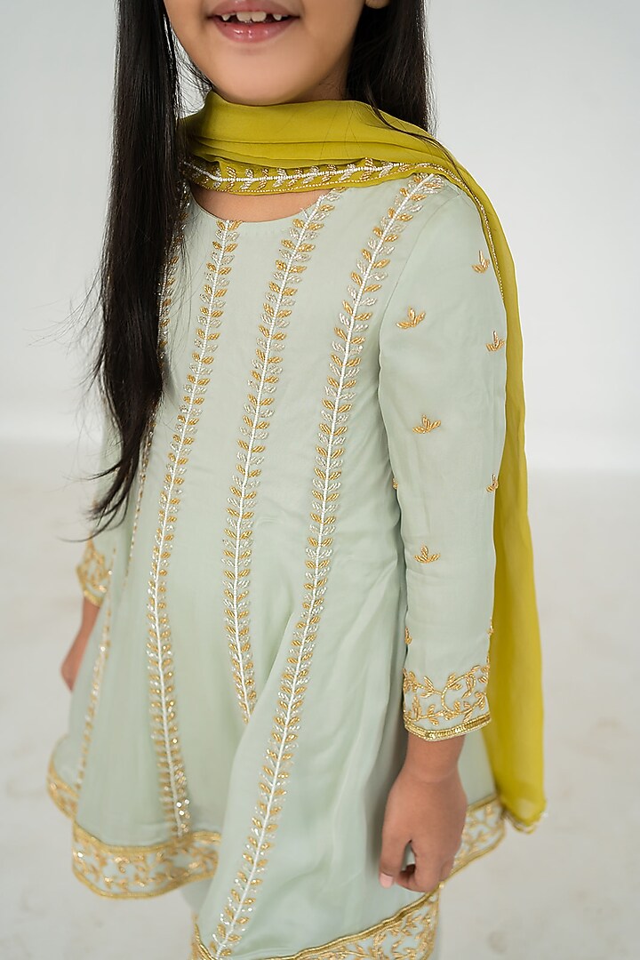 Light Mint Satin Organza Jaal Embroidered Anarkali Set For Girls by Ease kids at Pernia's Pop Up Shop