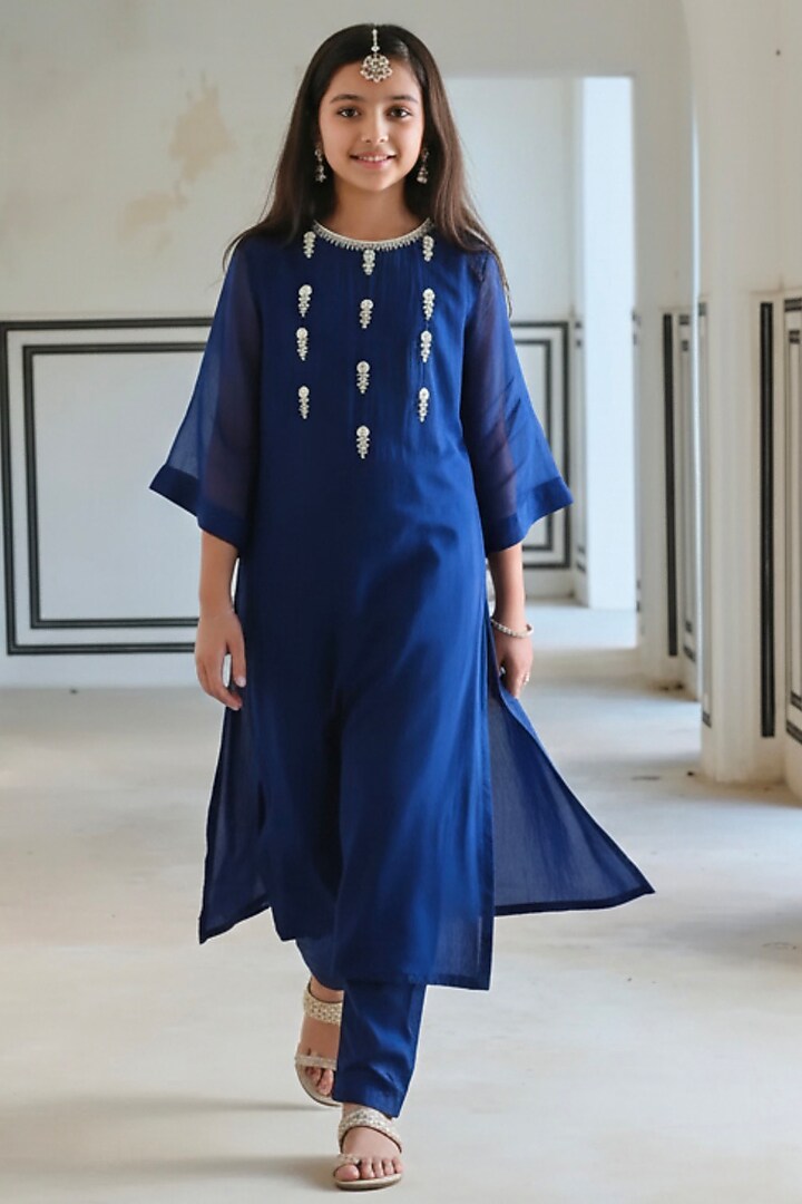 Royal Blue Viscose Organza Floral Booti Embroidered Kurta Set For Girls by Ease kids at Pernia's Pop Up Shop