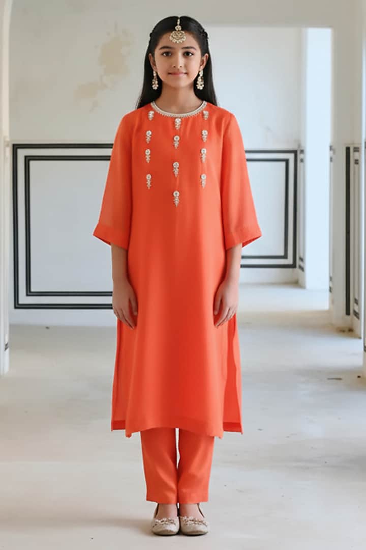 Orange Viscose Organza Floral Booti Embroidered Kurta Set For Girls by Ease kids at Pernia's Pop Up Shop