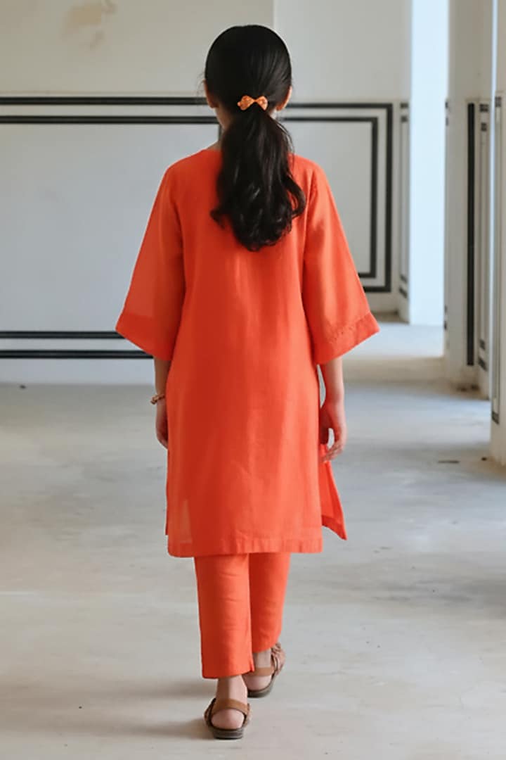 Orange Viscose Organza Floral Booti Embroidered Kurta Set For Girls by Ease kids at Pernia's Pop Up Shop