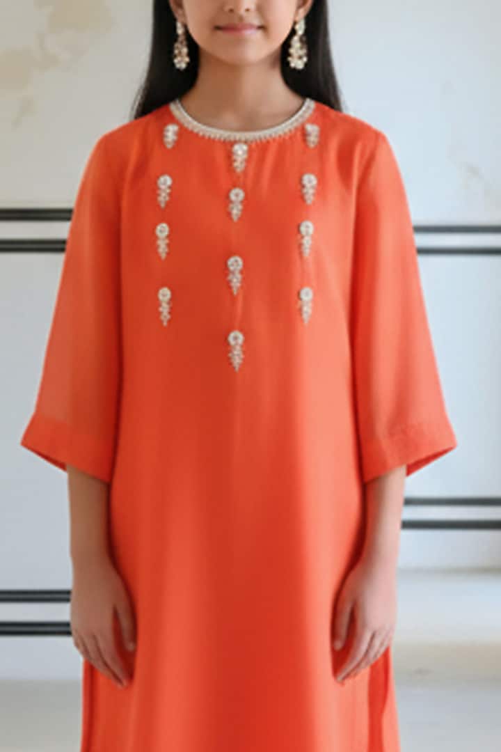 Orange Viscose Organza Floral Booti Embroidered Kurta Set For Girls by Ease kids at Pernia's Pop Up Shop