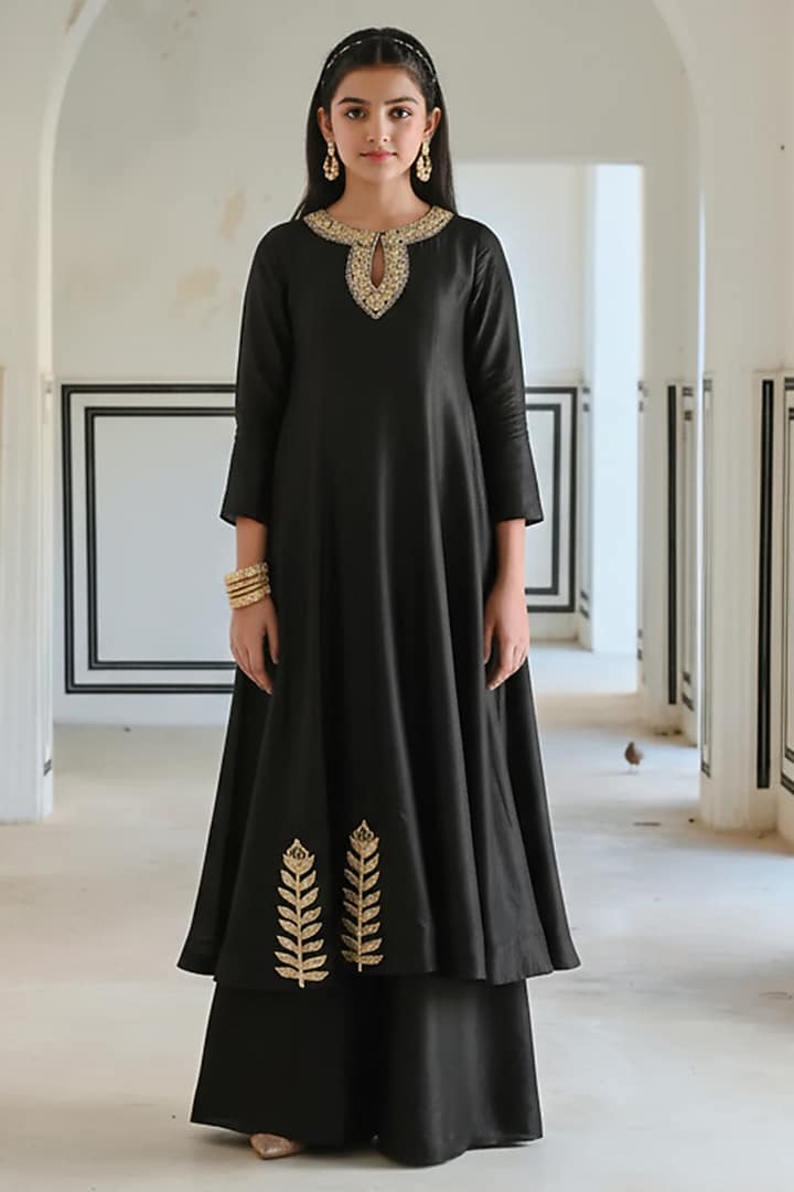 Black Silk Floral Booti Embroidered Anarkali Set For Girls by Ease kids at Pernia's Pop Up Shop