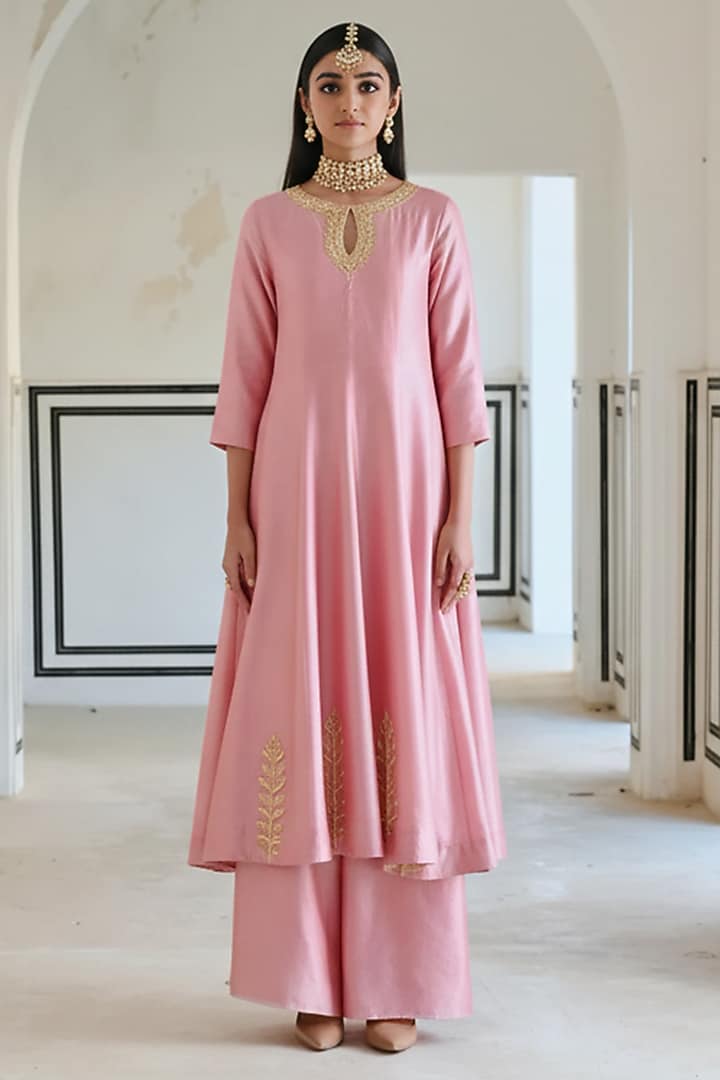Mauve Pink Silk Floral Booti Embroidered Anarkali Set For Girls by Ease kids at Pernia's Pop Up Shop