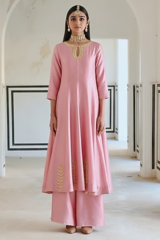 Mauve Pink Silk Floral Booti Embroidered Anarkali Set For Girls by Ease kids