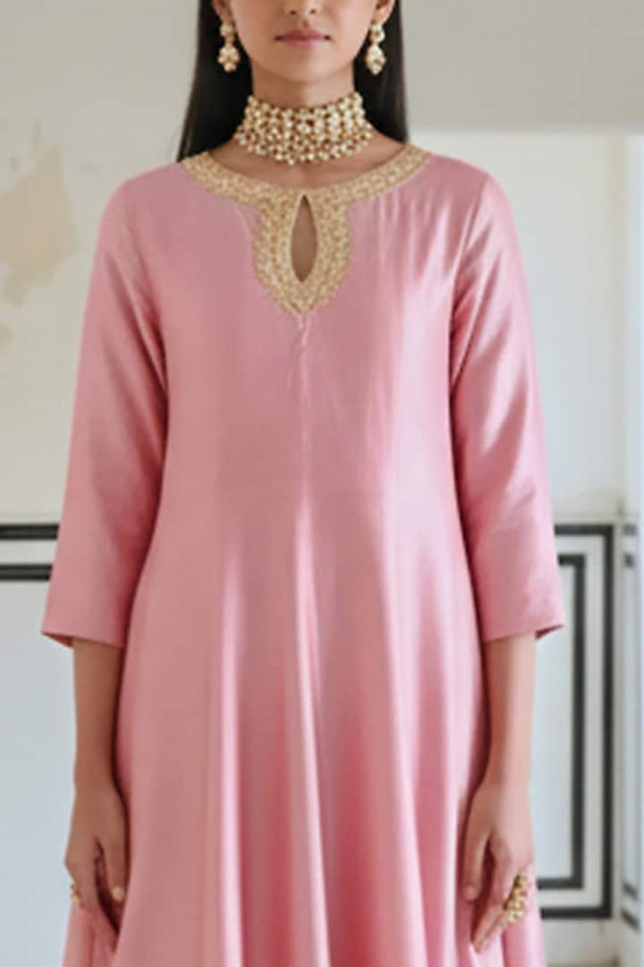 Mauve Pink Silk Floral Booti Embroidered Anarkali Set For Girls by Ease kids at Pernia's Pop Up Shop