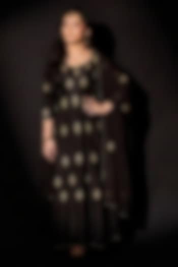 Black Silk Floral Booti Embroidered Anarkali Set For Girls by Ease kids at Pernia's Pop Up Shop