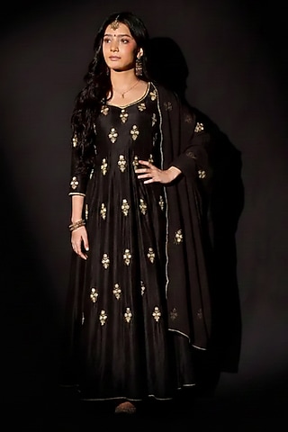 Black Silk Floral Booti Embroidered Anarkali Set For Girls by Ease kids