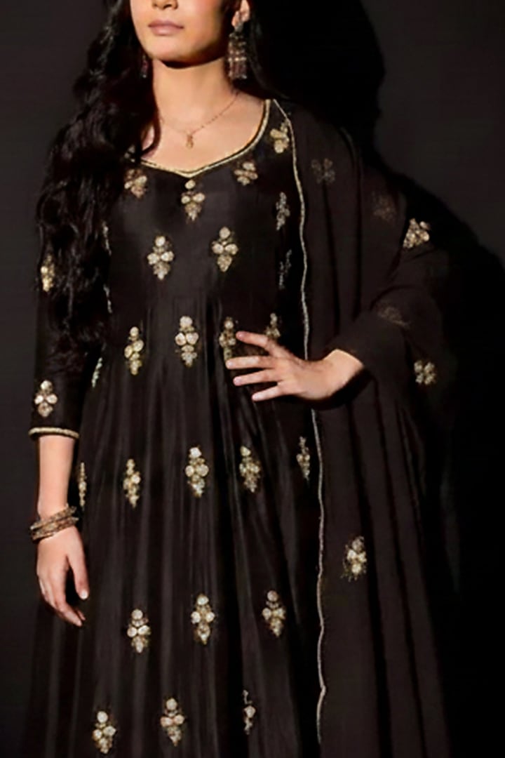Black Silk Floral Booti Embroidered Anarkali Set For Girls by Ease kids at Pernia's Pop Up Shop