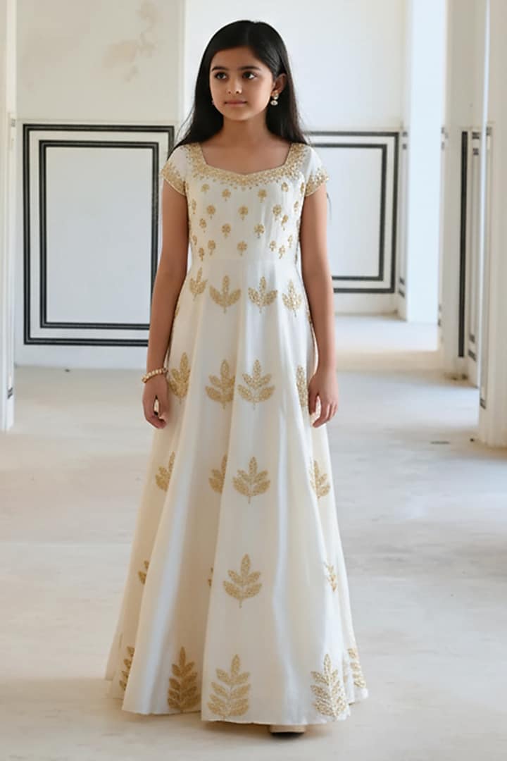 Ivory Silk Floral Booti Embroidered Anarkali Set For Girls by Ease kids at Pernia's Pop Up Shop