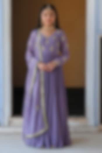 Lilac Pure Crepe Floral Booti Embroidered Anarkali Set For Girls by Ease kids at Pernia's Pop Up Shop