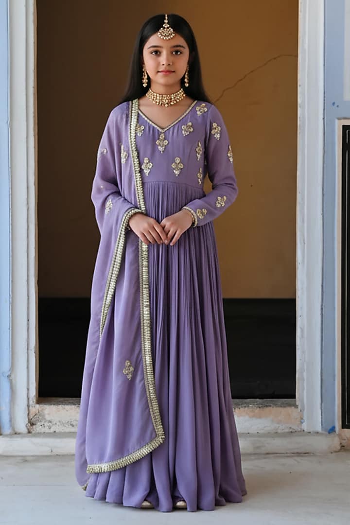 Lilac Pure Crepe Floral Booti Embroidered Anarkali Set For Girls by Ease kids at Pernia's Pop Up Shop