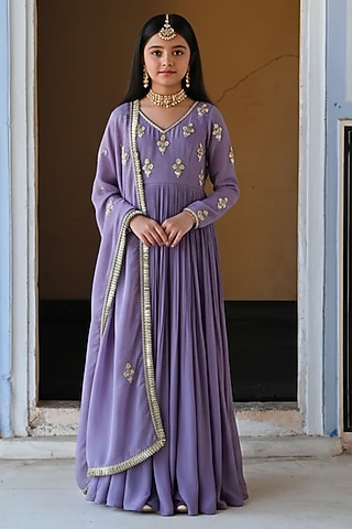 Lilac Pure Crepe Floral Booti Embroidered Anarkali Set For Girls by Ease kids