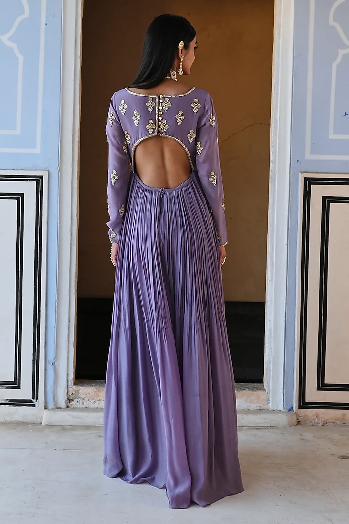 Lilac Pure Crepe Floral Booti Embroidered Anarkali Set For Girls by Ease kids at Pernia's Pop Up Shop
