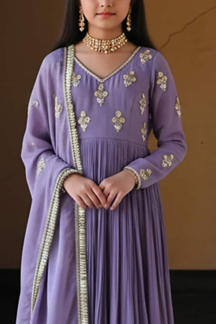 Lilac Pure Crepe Floral Booti Embroidered Anarkali Set For Girls by Ease kids at Pernia's Pop Up Shop