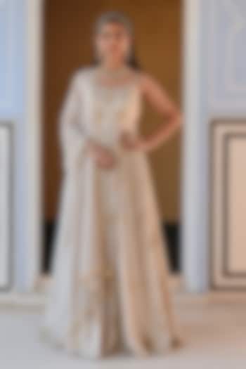 Beige Raw Satin Floral Booti Embroidered Anarkali Set For Girls by Ease kids at Pernia's Pop Up Shop