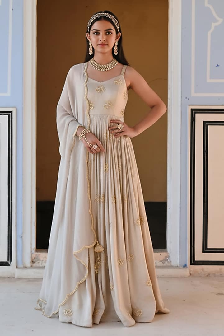 Beige Raw Satin Floral Booti Embroidered Anarkali Set For Girls by Ease kids at Pernia's Pop Up Shop