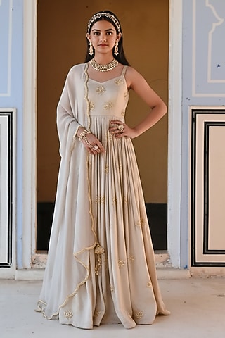 Beige Raw Satin Floral Booti Embroidered Anarkali Set For Girls by Ease kids