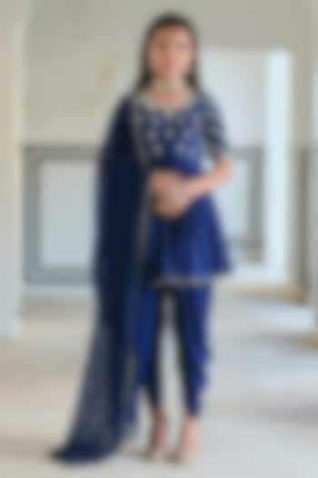 Royal Blue Pure Crepe Booti Embroidered Dhoti Pant Set For Girls by Ease kids at Pernia's Pop Up Shop