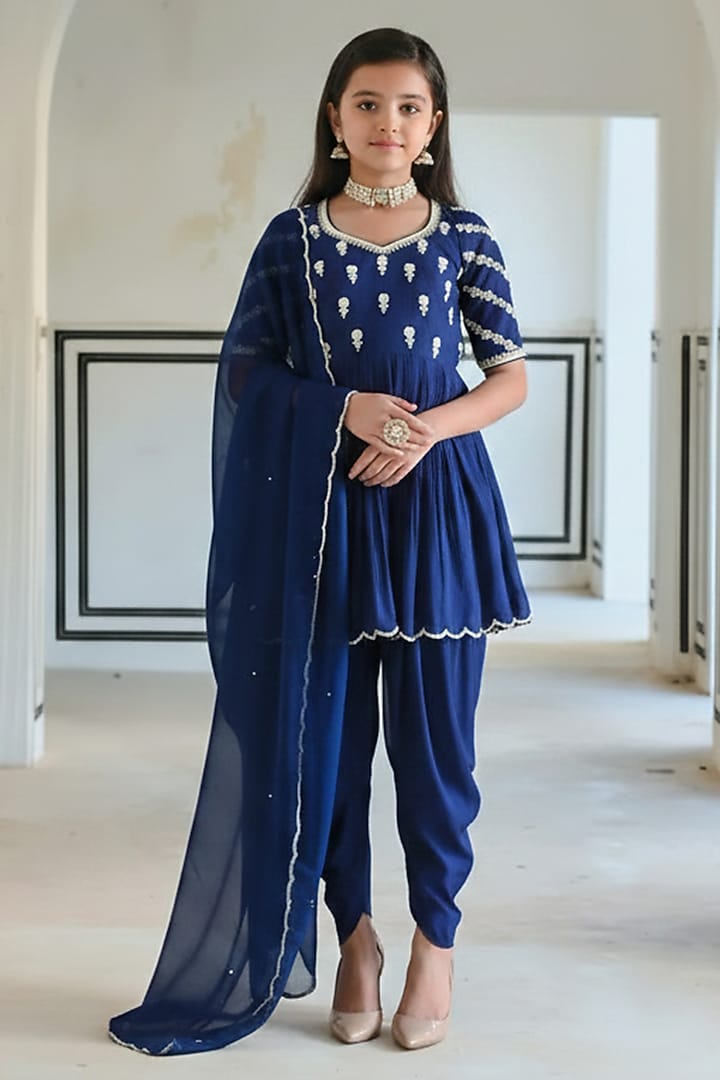 Royal Blue Pure Crepe Booti Embroidered Dhoti Pant Set For Girls by Ease kids at Pernia's Pop Up Shop