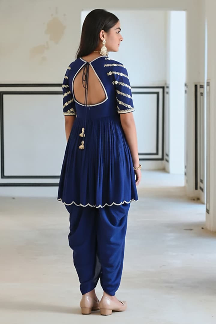 Royal Blue Pure Crepe Booti Embroidered Dhoti Pant Set For Girls by Ease kids at Pernia's Pop Up Shop