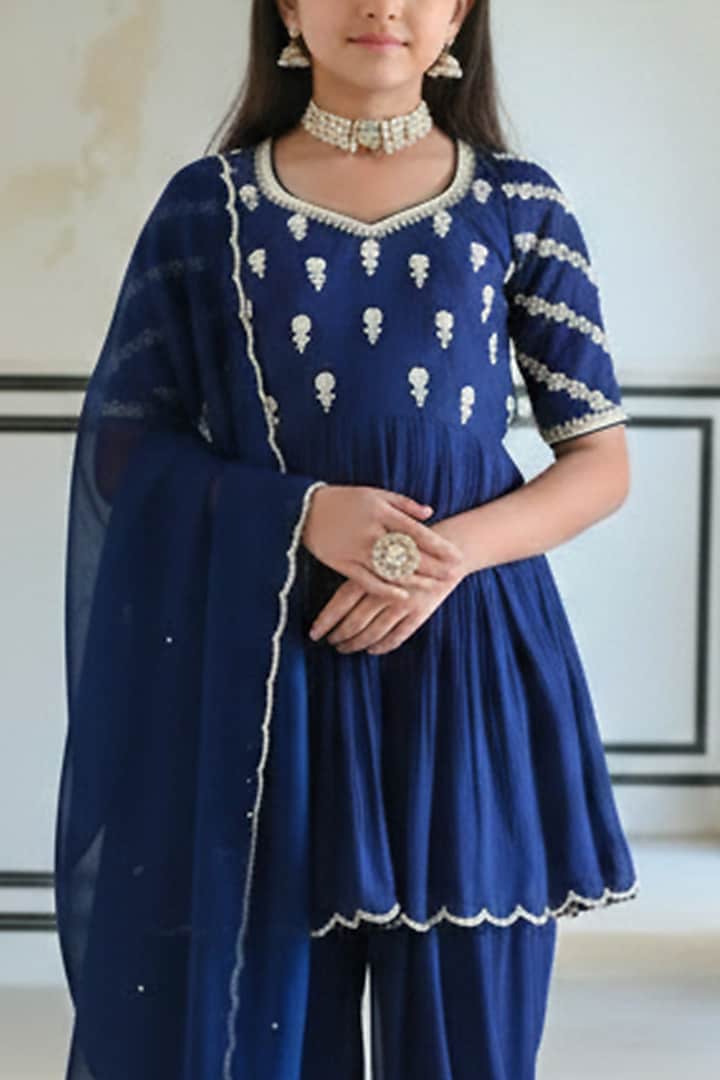 Royal Blue Pure Crepe Booti Embroidered Dhoti Pant Set For Girls by Ease kids at Pernia's Pop Up Shop