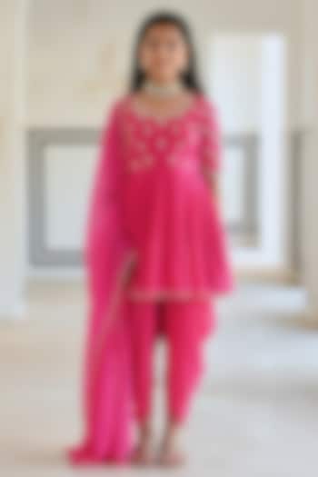 Rose Pink Pure Crepe Booti Embroidered Dhoti Pant Set For Girls by Ease kids at Pernia's Pop Up Shop