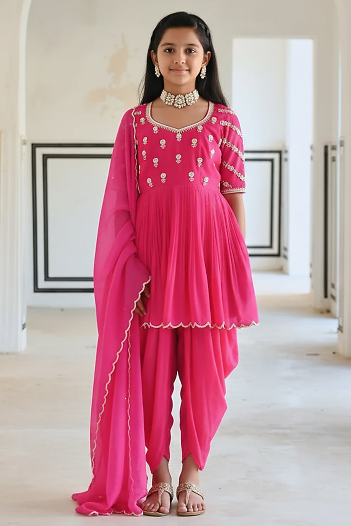 Rose Pink Pure Crepe Booti Embroidered Dhoti Pant Set For Girls by Ease kids at Pernia's Pop Up Shop