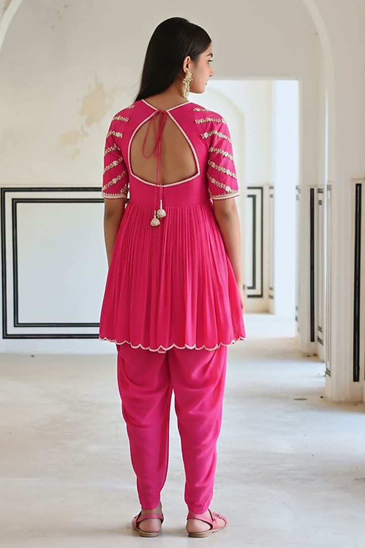 Rose Pink Pure Crepe Booti Embroidered Dhoti Pant Set For Girls by Ease kids at Pernia's Pop Up Shop