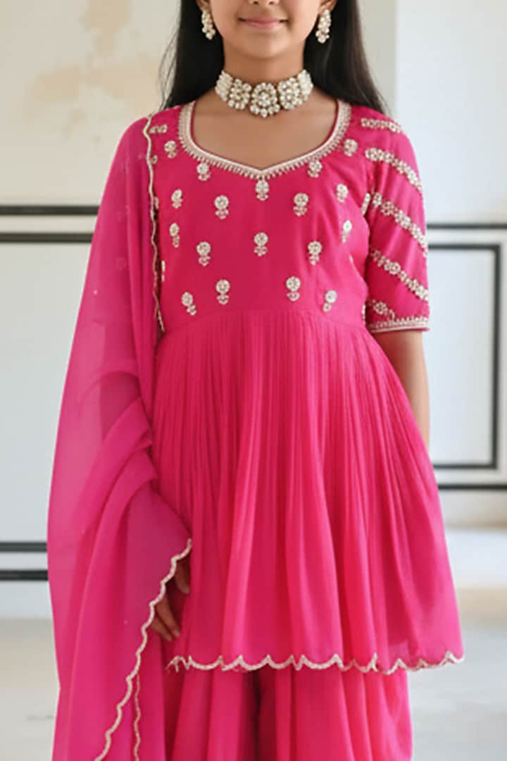 Rose Pink Pure Crepe Booti Embroidered Dhoti Pant Set For Girls by Ease kids at Pernia's Pop Up Shop