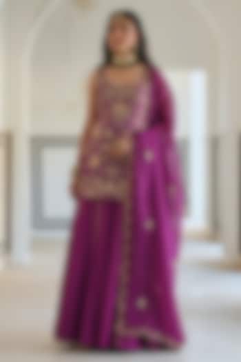 Purple Raw Satin Big Flower Jaal Embroidered Kurta Set For Girls by Ease kids at Pernia's Pop Up Shop
