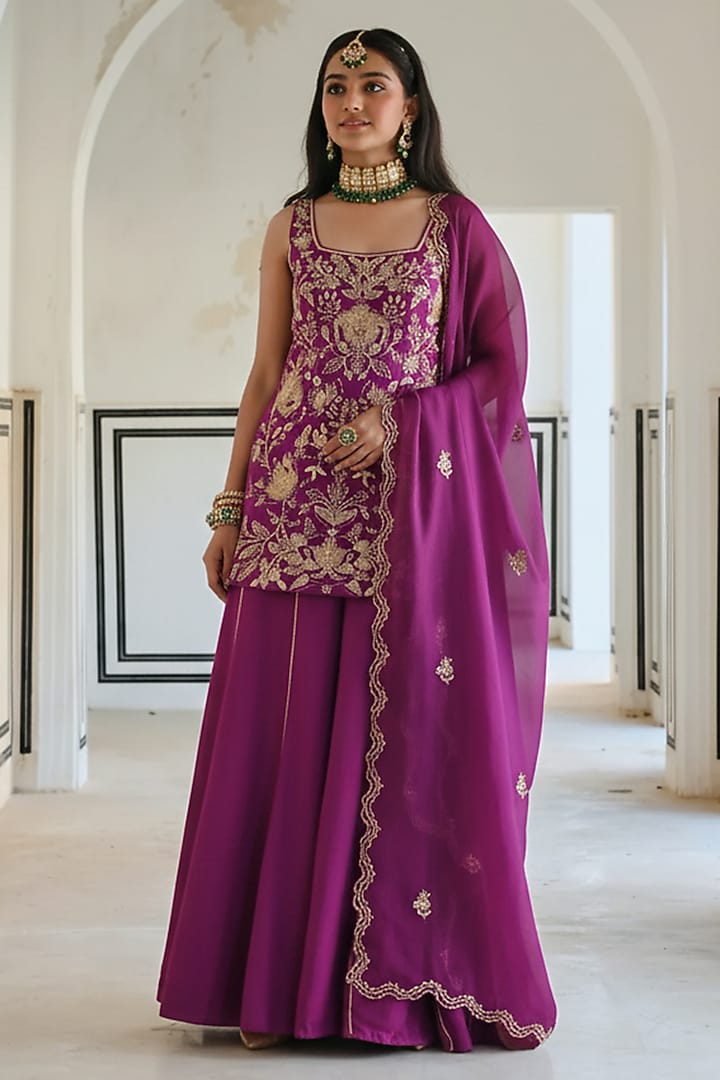 Purple Raw Satin Big Flower Jaal Embroidered Kurta Set For Girls by Ease kids at Pernia's Pop Up Shop