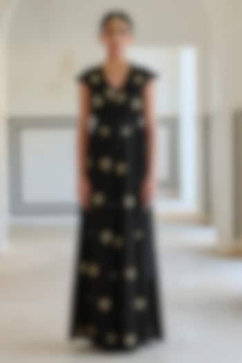 Black Satin Organza Floral Booti Embroidered Jumpsuit For Girls by Ease kids at Pernia's Pop Up Shop