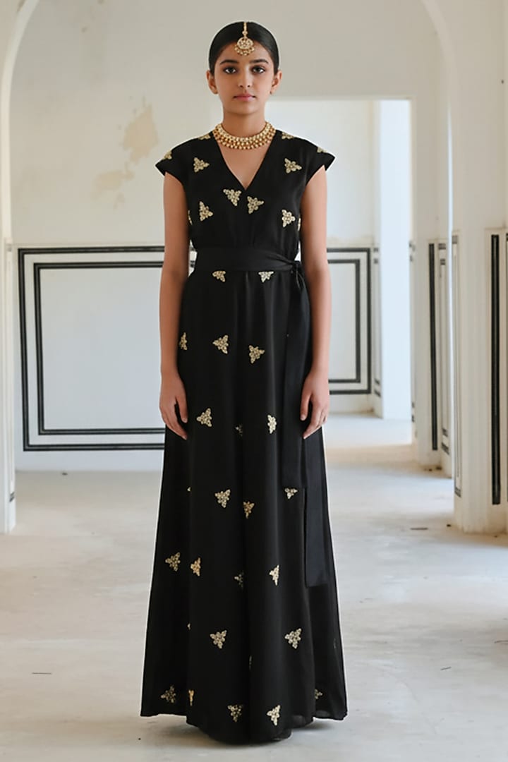 Black Satin Organza Floral Booti Embroidered Jumpsuit For Girls by Ease kids at Pernia's Pop Up Shop