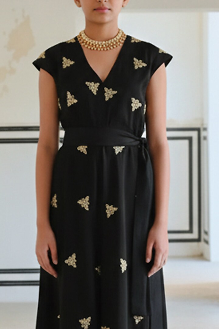 Black Satin Organza Floral Booti Embroidered Jumpsuit For Girls by Ease kids at Pernia's Pop Up Shop
