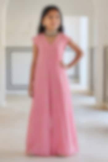 Baby Pink Pure Crepe Floral Booti Embroidered Jumpsuit For Girls by Ease kids at Pernia's Pop Up Shop