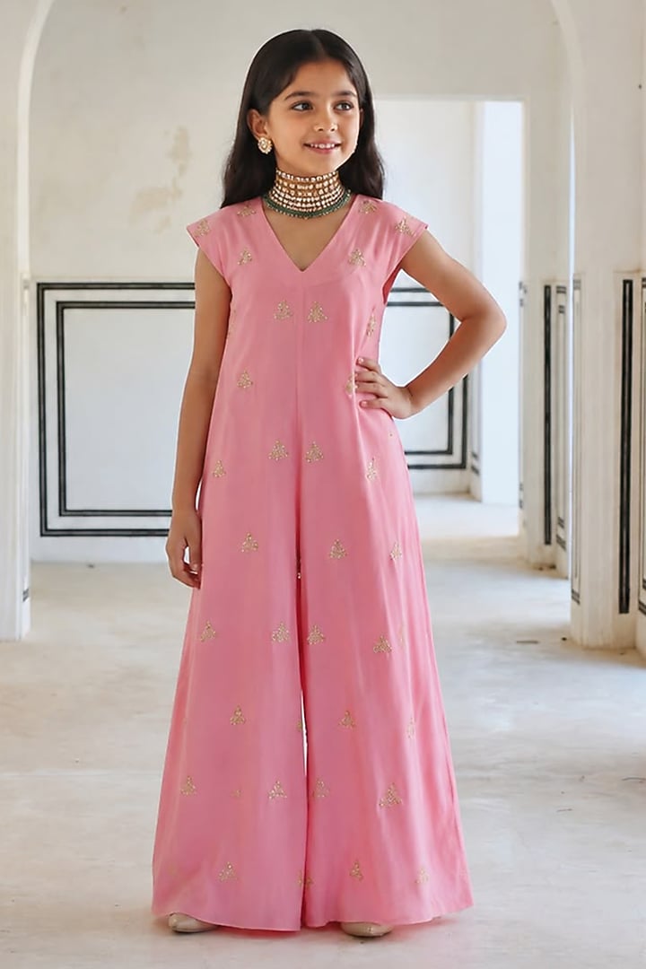 Baby Pink Pure Crepe Floral Booti Embroidered Jumpsuit For Girls by Ease kids at Pernia's Pop Up Shop