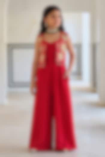 Red Raw Satin Big Flower Embroidered Jumpsuit Set For Girls by Ease kids at Pernia's Pop Up Shop