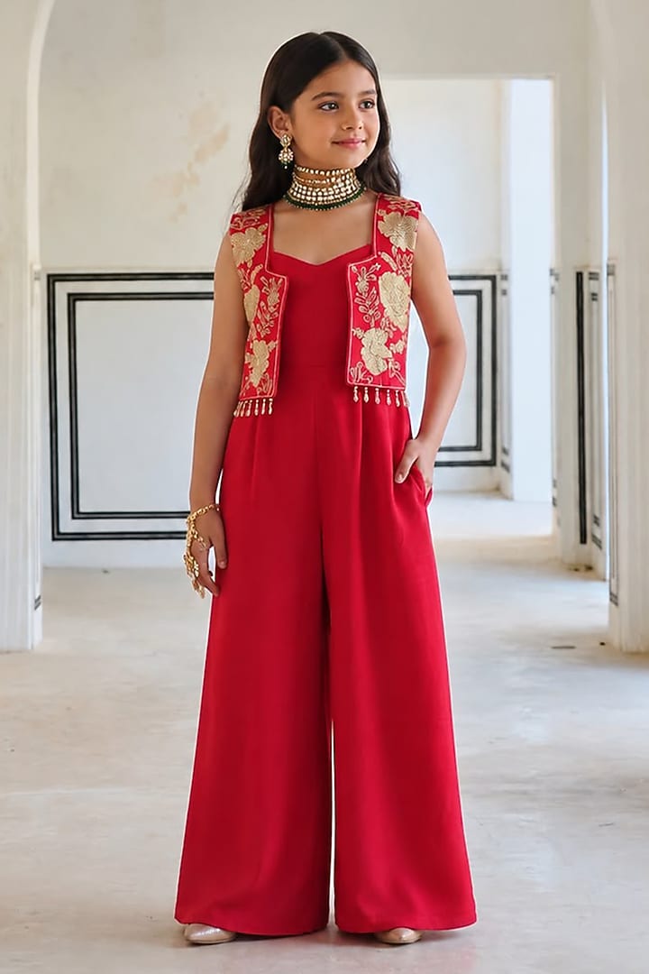 Red Raw Satin Big Flower Embroidered Jumpsuit Set For Girls by Ease kids at Pernia's Pop Up Shop