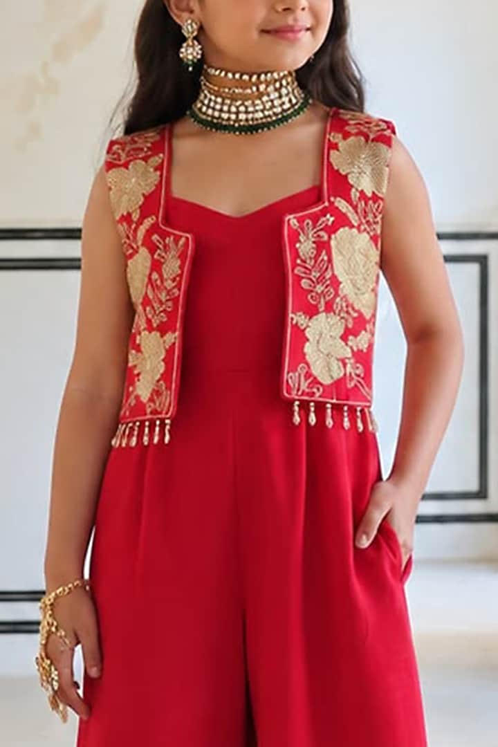 Red Raw Satin Big Flower Embroidered Jumpsuit Set For Girls by Ease kids at Pernia's Pop Up Shop