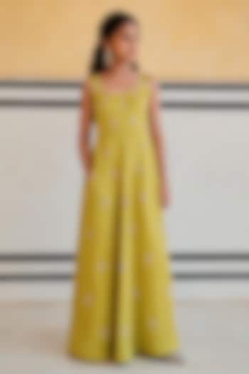 Lime Raw Satin Floral Booti Embroidered Flared Jumpsuit For Girls by Ease kids at Pernia's Pop Up Shop