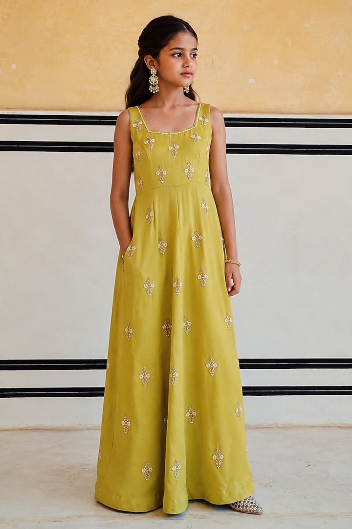 Lime Raw Satin Floral Booti Embroidered Flared Jumpsuit For Girls by Ease kids at Pernia's Pop Up Shop