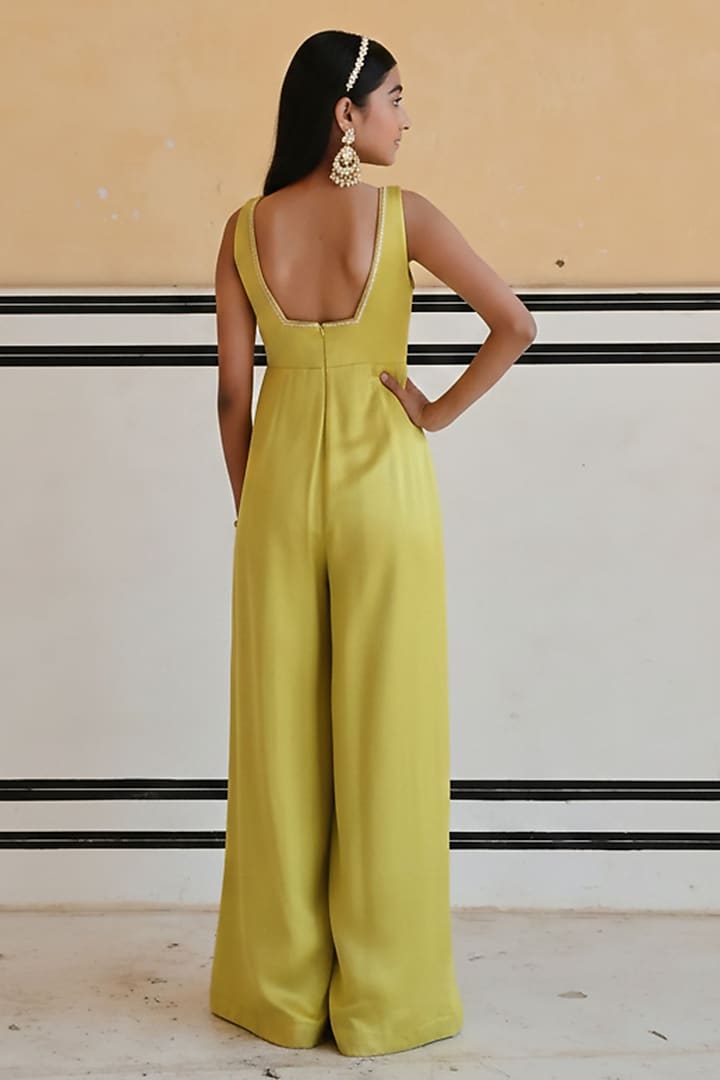 Lime Raw Satin Floral Booti Embroidered Flared Jumpsuit For Girls by Ease kids at Pernia's Pop Up Shop