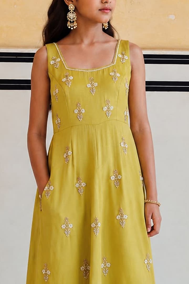 Lime Raw Satin Floral Booti Embroidered Flared Jumpsuit For Girls by Ease kids at Pernia's Pop Up Shop