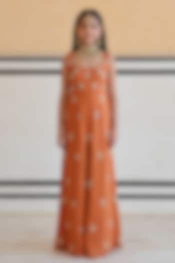 Copper Raw Satin Floral Booti Embroidered Flared Jumpsuit For Girls by Ease kids at Pernia's Pop Up Shop
