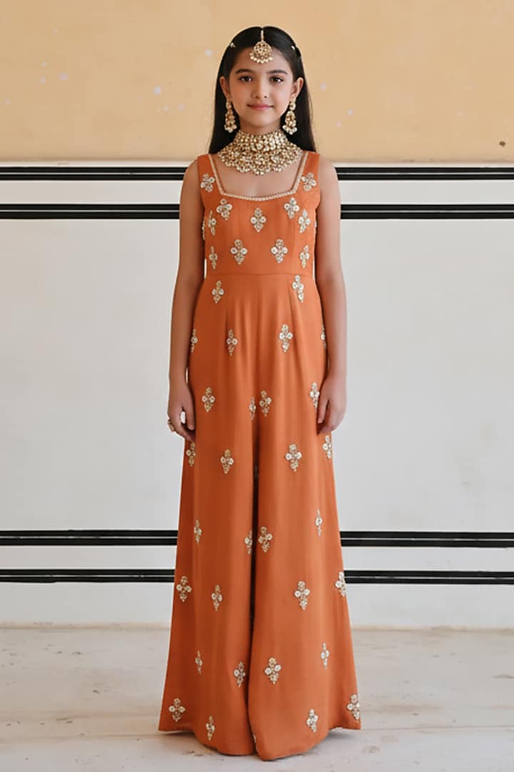 Copper Raw Satin Floral Booti Embroidered Flared Jumpsuit For Girls by Ease kids at Pernia's Pop Up Shop