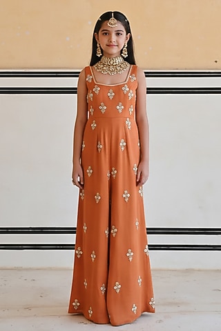 Copper Raw Satin Floral Booti Embroidered Flared Jumpsuit For Girls by Ease kids