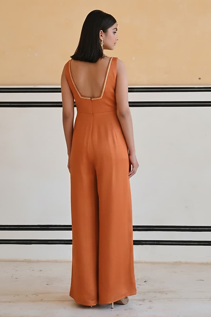 Copper Raw Satin Floral Booti Embroidered Flared Jumpsuit For Girls by Ease kids at Pernia's Pop Up Shop