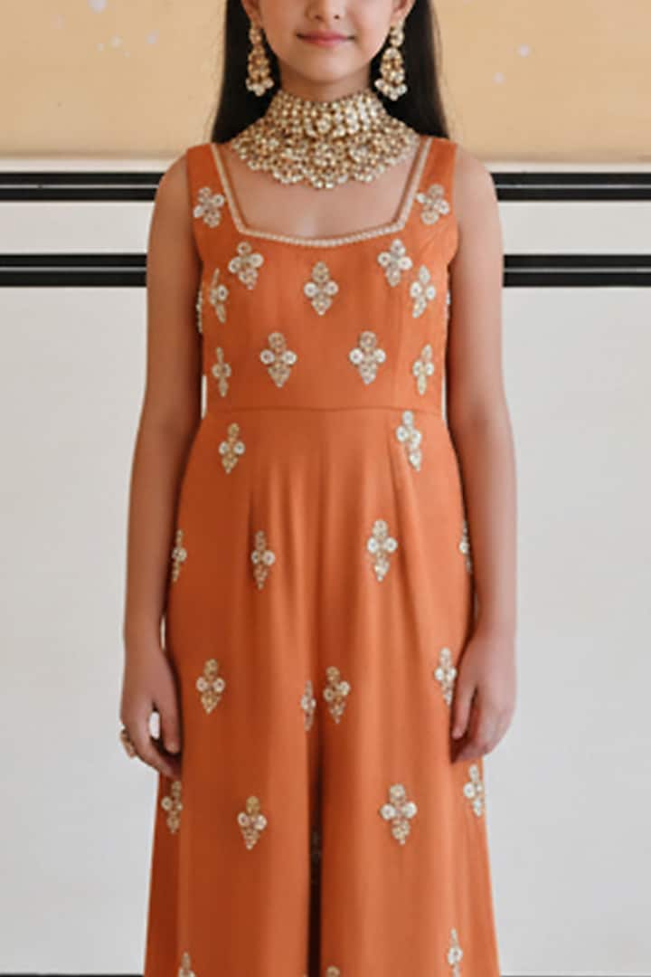 Copper Raw Satin Floral Booti Embroidered Flared Jumpsuit For Girls by Ease kids at Pernia's Pop Up Shop